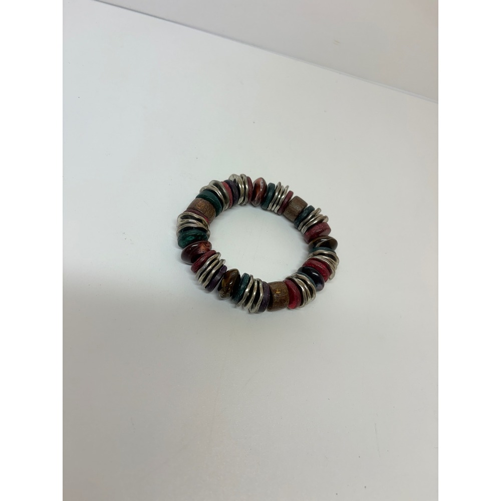 Bohemian Multi Color Wood and Silver Tone Metal Disc Stretch Bracelet